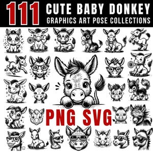 Cute Baby Donkey SVG and PNG Bundle | Farm Animal Clipart | Cartoon Donkey, Funny Donkey svg, | Baby Donkey Vector for Cricut & Silhouette