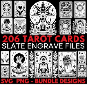 206 tarotkaart leisteen graveren SVG-bundel, mystic PNG tarot clipart, lasergravure bestanden voor leisteen, compatibel met Glowforge, commercieel gebruik