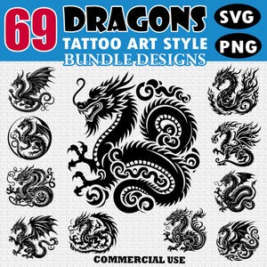 69 Dragons Tattoo Art Style Bundle Designs, SVG, PNG, Dragon tattoo, Silhouette svg Instant Downloads.