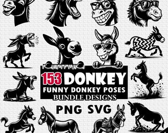 153 Donkeys Bundle Designs svg, Donkey png, Funny Donkey SVG | Humorous Donkey Poses Cut File | Farm Animal Design for Cricut and Silhouette
