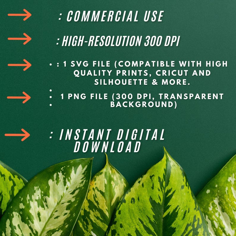 Puede incluir: Fondo verde con flechas blancas apuntando hacia la derecha. El texto dice: "COMMERCIAL USE", "HIGH-RESOLUTION 300 DPI", "1 SVG FILE (COMPATIBLE WITH HIGH QUALITY PRINTS, CRICUT AND SILHOUETTE & MORE.", "1 PNG FILE (300 DPI, TRANSPARENT BACKGROUND)", "INSTANT DIGITAL DOWNLOAD".