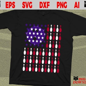 May include: A black t-shirt with a design of bowling pins arranged in the shape of an American flag. The bowling ball is in the center of the flag, with white stars on a purple background.