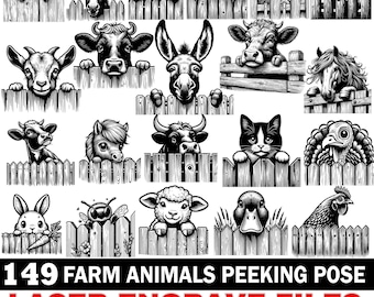 Paquete SVG de animales de granja grabados con láser / Archivos de grabado de vacas, cabras, burros, ovejas, caballos y pollos / Animales de granja, Glowforge, CNC