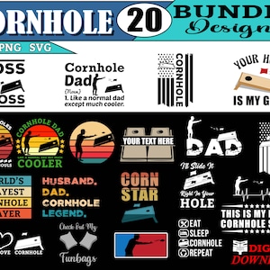 Puede incluir: Una descarga digital de 20 diseños de juegos de cornhole. Los diseños presentan varias frases y gráficos relacionados con el cornhole, como "Boss of the Toss", "Cornhole Dad", "World's Okayest Cornhole Player" y "Corn Star".