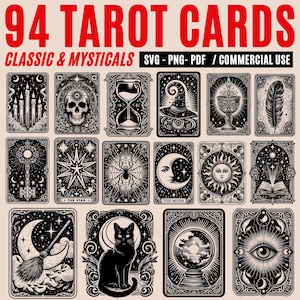 May include: A set of 94 tarot cards with classic and mystical imagery. The cards feature detailed black and white illustrations of various symbols, such as a skull, an hourglass, and a black cat. The text "94 Tarot Cards" is displayed at the top.