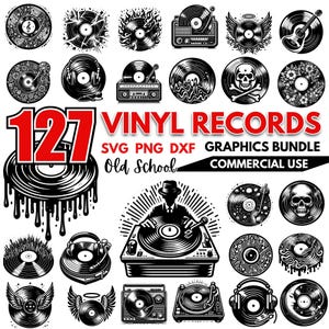 May include: A collection of 127 black and white vinyl record graphics in a variety of styles, including a record player, a skull, a guitar, and a DJ. The graphics are perfect for creating digital designs, crafts, and more.  SVG PNG DXF Graphics Bundle Commercial Use Old School.