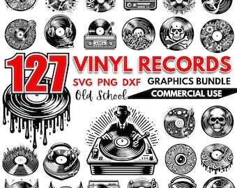 Vinyl Record SVG Bundle | Retro Music PNG | Cricut Vinyl Record Cut Files | Turntable DXF | Old School Music Clipart