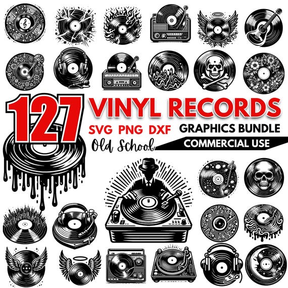 Vinyl Record SVG Bundle | Retro Music PNG | Cricut Vinyl Record Cut Files | Turntable DXF | Old School Music Clipart