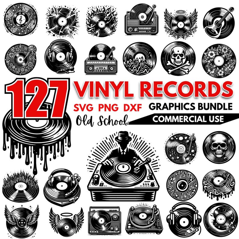 May include: A collection of 127 black and white vinyl record graphics in a variety of styles, including a record player, a skull, a guitar, and a DJ. The graphics are perfect for creating digital designs, crafts, and more.  SVG PNG DXF Graphics Bundle Commercial Use Old School.
