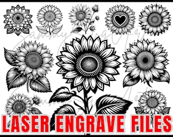 Sunflower Laser Engraving SVG Bundle | Rustic Sunflower Engrave Designs for Slate, Wood & Glass | Floral Engraving Files, Digital downloads