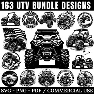 Op de afbeelding: Een verzameling van 163 UTV-bundelontwerpen in zwart en wit. De ontwerpen omvatten verschillende terreinwagens, sommige met Amerikaanse vlaggen, en zijn beschikbaar in SVG-, PNG- en PDF-formaten voor commercieel gebruik.