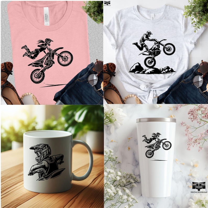 May include: A digital download design featuring a black and white silhouette of a person riding a dirt bike. The design is shown on a pink t-shirt, a white t-shirt, and a white travel mug.