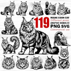 May include: A collection of 119 black and white illustrations of Maine Coon cats in different poses. The illustrations are in a graphic style and are perfect for use in digital projects or for printing.