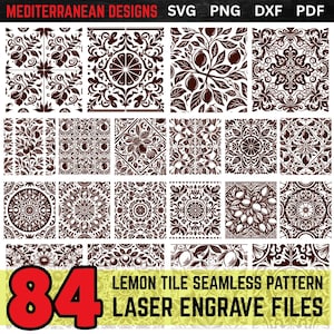 May include: A selection of 84 lemon tile seamless patterns in brown and white. The patterns showcase floral and citrus designs, ideal for laser engraving. The image includes the text "Mediterranean Designs" and "Lemon Tile Seamless Pattern Laser Engrave Files."