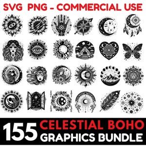 Puede incluir: Un conjunto de 155 gráficos de temática celestial y bohemia en blanco y negro. Los diseños incluyen soles, lunas, estrellas, atrapasueños, mariposas y otros elementos místicos. El texto en la parte superior dice "SVG PNG - COMMERCIAL USE" y en la parte inferior "CELESTIAL BOHO GRAPHICS BUNDLE".