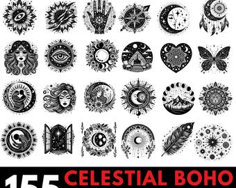 May include: A collection of 155 celestial and boho-themed graphics in black and white. The designs include suns, moons, stars, dream catchers, butterflies, and other mystical elements. The text at the top reads "SVG PNG - COMMERCIAL USE" and at the bottom "CELESTIAL BOHO GRAPHICS BUNDLE".