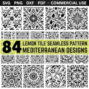 May include: Black and white seamless tile patterns with lemon and floral designs. The image includes the text "84 Lemon Tile Seamless Pattern Mediterranean Designs" and file type information.