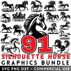 Pode incluir: Um conjunto de 91 gráficos de silhueta de cavalo preto para uso comercial. Os gráficos estão em formatos SVG, PNG e DXF.