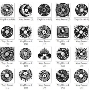 May include: A set of 44 black and white vector illustrations of vinyl records with various designs, including skulls, musical notes, stars, and other abstract patterns.