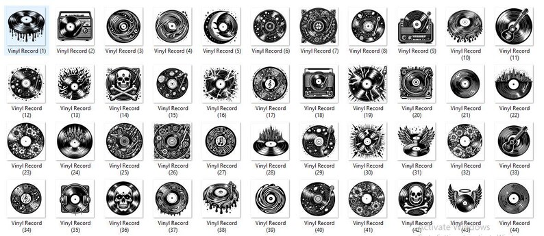 May include: A set of 44 black and white vector illustrations of vinyl records with various designs, including skulls, musical notes, stars, and other abstract patterns.