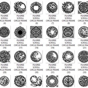 Puede incluir: Una colecci&oacute;n de cuarenta y ocho dise&ntilde;os gr&aacute;ficos circulares en blanco y negro etiquetados como Filigree Scroll Circle Frame 1 al 48. Cada baldosa cuadrada presenta un patr&oacute;n ornamental &uacute;nico, intrincado, sim&eacute;trico o asim&eacute;trico con l&iacute;neas en espiral.
