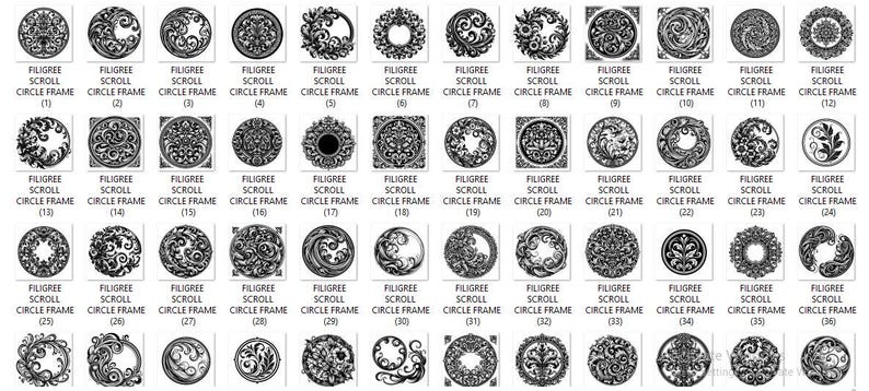 Puede incluir: Una colecci&oacute;n de cuarenta y ocho dise&ntilde;os gr&aacute;ficos circulares en blanco y negro etiquetados como Filigree Scroll Circle Frame 1 al 48. Cada baldosa cuadrada presenta un patr&oacute;n ornamental &uacute;nico, intrincado, sim&eacute;trico o asim&eacute;trico con l&iacute;neas en espiral.