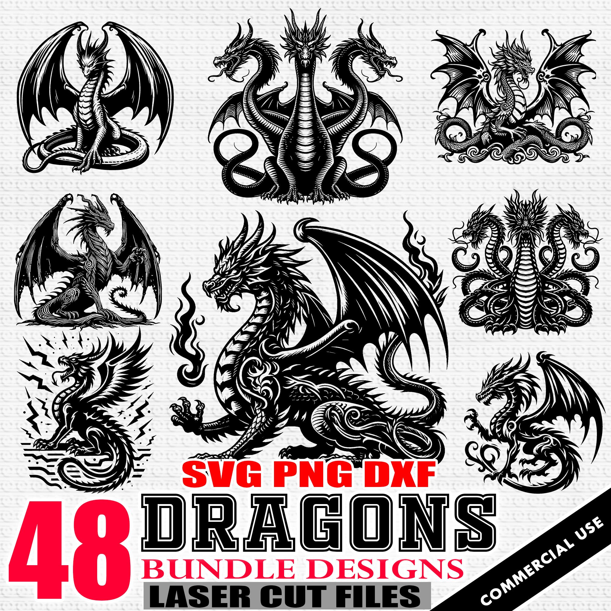 Dragon Laser Cut Files 48 Dragons svg, PNG, Bundle glowforge dragons lover instant digital downloads