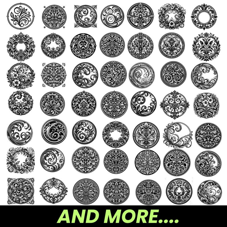 Puede incluir: Una colecci&oacute;n de cuarenta y ocho dise&ntilde;os gr&aacute;ficos circulares en blanco y negro con intrincados patrones de flores, hojas y volutas. La cuadr&iacute;cula muestra varios motivos sim&eacute;tricos y asim&eacute;tricos, con el texto AND MORE en la parte inferior.