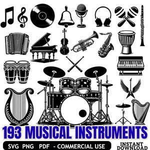 Può includere: Illustrazione in bianco e nero di vari strumenti musicali, tra cui un pianoforte a coda, batteria, un sassofono e un'arpa. L'immagine presenta anche note musicali, un disco in vinile e il testo "193 MUSICAL INSTRUMENTS".