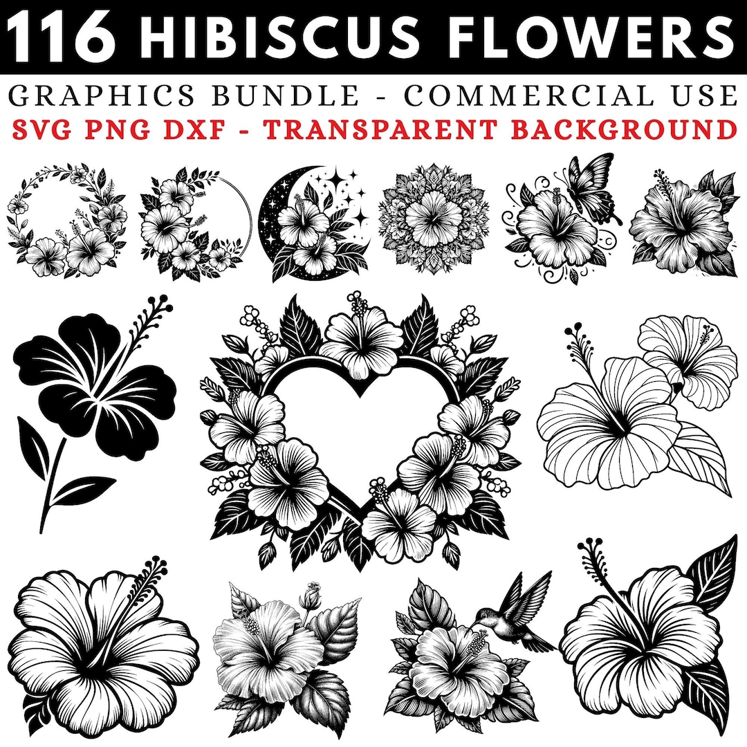 Hibiscus Flowers SVG Bundle, Tropical Floral PNG DXF, Cricut Cut Files ...