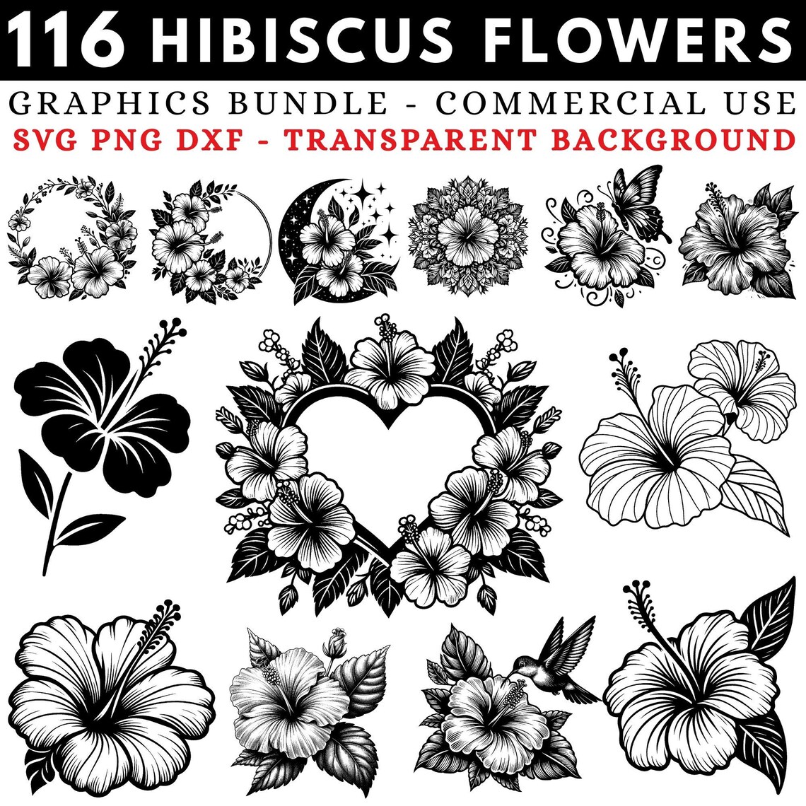 Hibiscus Flowers SVG Bundle, Tropical Floral PNG DXF, Cricut Cut Files ...