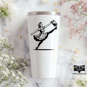 May include: A white stainless steel tumbler with a black and white graphic of a woman kicking a jar of coffee. The woman is wearing a dress and has her hair pulled back in a bun.