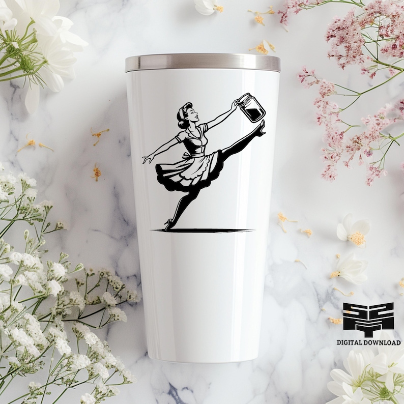 May include: A white stainless steel tumbler with a black and white graphic of a woman kicking a jar of coffee. The woman is wearing a dress and has her hair pulled back in a bun.