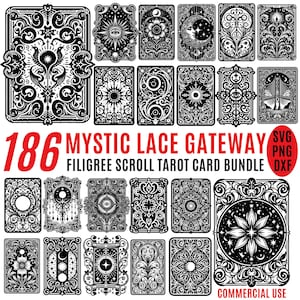 May include: A collection of 186 black and white Mystic Lace Gateway filigree scroll tarot cards. The cards feature intricate designs with celestial and floral motifs. The text "186 Mystic Lace Gateway Filigree Scroll Tarot Card Bundle" is displayed in red.