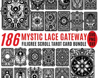 May include: A collection of 186 black and white Mystic Lace Gateway filigree scroll tarot cards. The cards feature intricate designs with celestial and floral motifs. The text "186 Mystic Lace Gateway Filigree Scroll Tarot Card Bundle" is displayed in red.