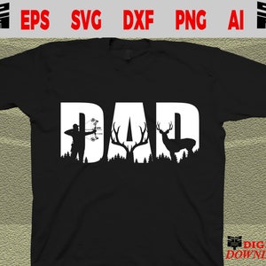 May include: Black t-shirt with a white silhouette of a person holding a bow and arrow, a deer, and the word "DAD" in white.