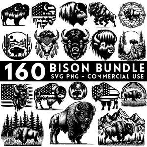 Op de afbeelding: Een digitaal downloadpakket met 160 zwart-wit illustraties van bizons. De illustraties tonen bizons in verschillende poses, waaronder staand, rennend en liggend. Het pakket bevat SVG- en PNG-bestanden voor commercieel gebruik.