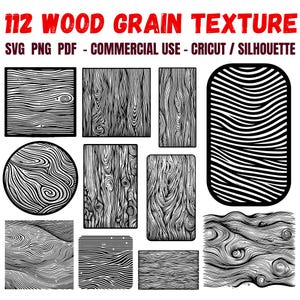 Puede incluir: Una colección de 112 texturas de vetas de madera en blanco y negro. La imagen incluye varias formas y patrones, como cuadrados, rectángulos y círculos, con detalles de líneas intrincados. El texto en la parte superior dice "112 WOOD GRAIN TEXTURE".