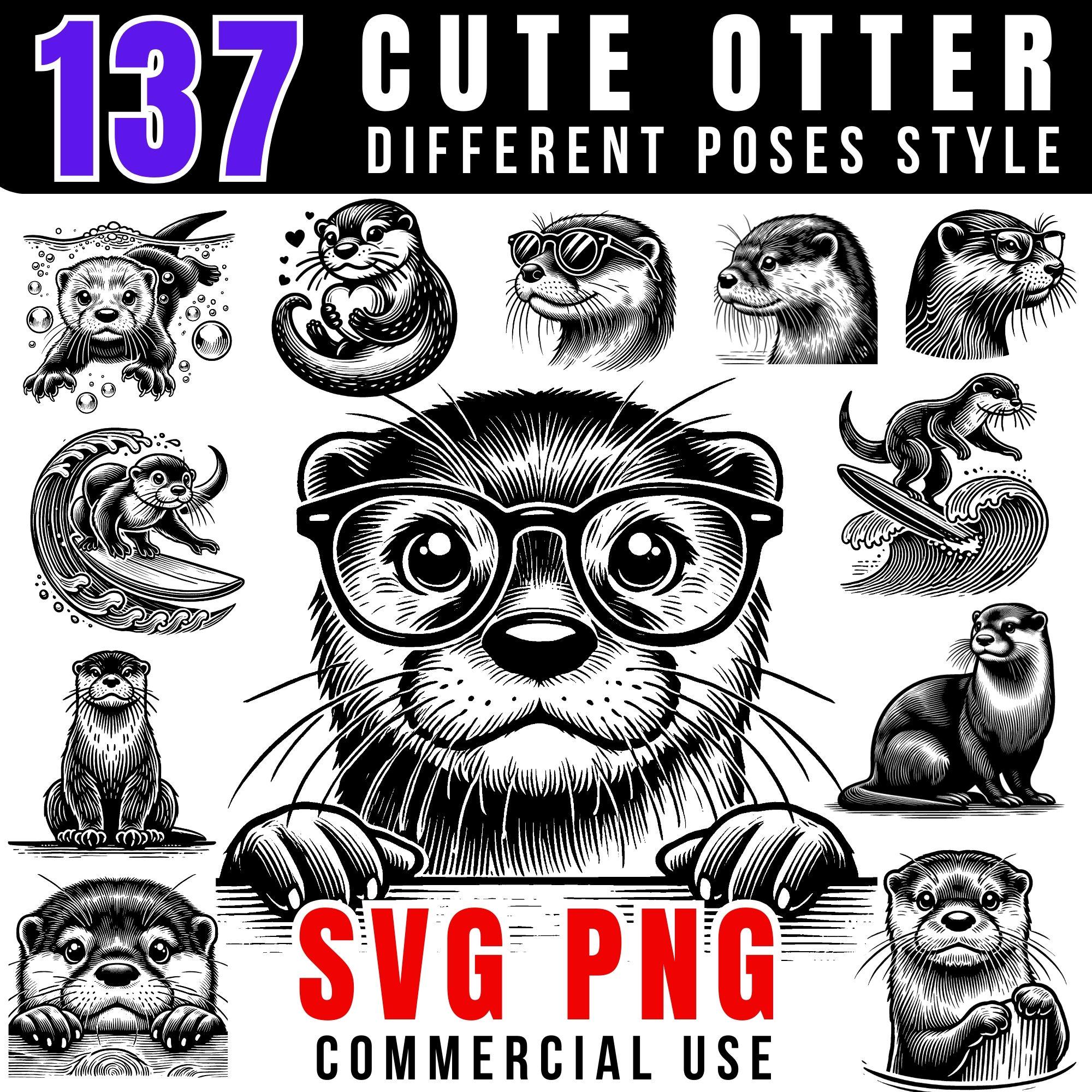 Playful Otter SVG and PNG Bundle | Cute Otter Laser Cutting