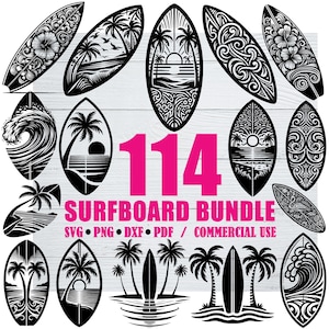 May include: A collection of 114 surfboard designs in black and white, featuring various tropical and ocean-themed illustrations. The designs include palm trees, waves, and decorative patterns. The text "SURFBOARD BUNDLE" is displayed in pink.