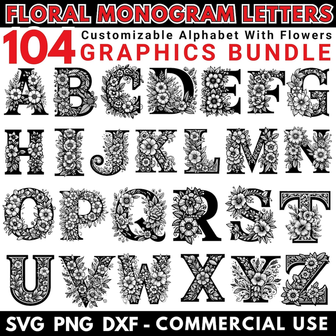 Floral Monogram Alphabet SVG Bundle, Elegant Letter PNG DXF, Botanical ...