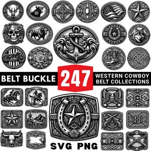 Pode incluir: Uma coleção de fivelas de cinto com tema western em preto e branco. Os designs incluem uma âncora, uma caveira, uma estrela, um lobo, um touro, uma motocicleta e uma ferradura. A imagem também inclui o texto "Belt Buckle 247 Western Cowboy Belt Collections SVG PNG."