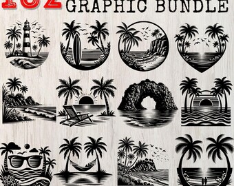 May include: A collection of 12 black and white beach scene graphic designs. The designs include images of palm trees, waves, a lighthouse, a surfboard, a beach chair, and a hammock. The text "162 BEACH SCENE GRAPHIC BUNDLE" is at the top.