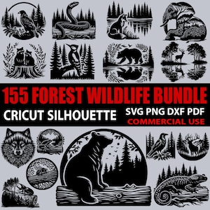 May include: A collection of black and white forest wildlife silhouette designs. The image includes illustrations of animals such as a bear, eagle, snake, fox, and deer, along with the text "155 FOREST WILDLIFE BUNDLE CRICUT SILHOUETTE SVG PNG DXF PDF COMMERCIAL USE."
