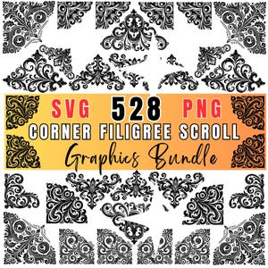 May include: A collection of 528 black and white corner filigree scroll graphics in SVG and PNG format. The graphics are perfect for adding a decorative touch to your projects.