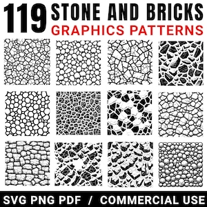 Può includere: Una collezione digitale di 119 motivi grafici di pietre e mattoni con illustrazioni in bianco e nero di varie texture di muratura, inclusi ciottoli arrotondati, superfici incrinate e disposizioni a blocchi, etichettati SVG PNG PDF.