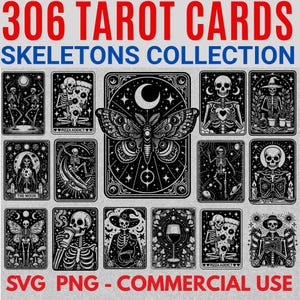 Pacote de cartas de tarô engraçadas em SVG, cartas de tarô de bruxa em PNG, signos de tarô com esqueleto místico, cartas de tarô góticas em PNG para Cricut, pacote de tarô com caveira