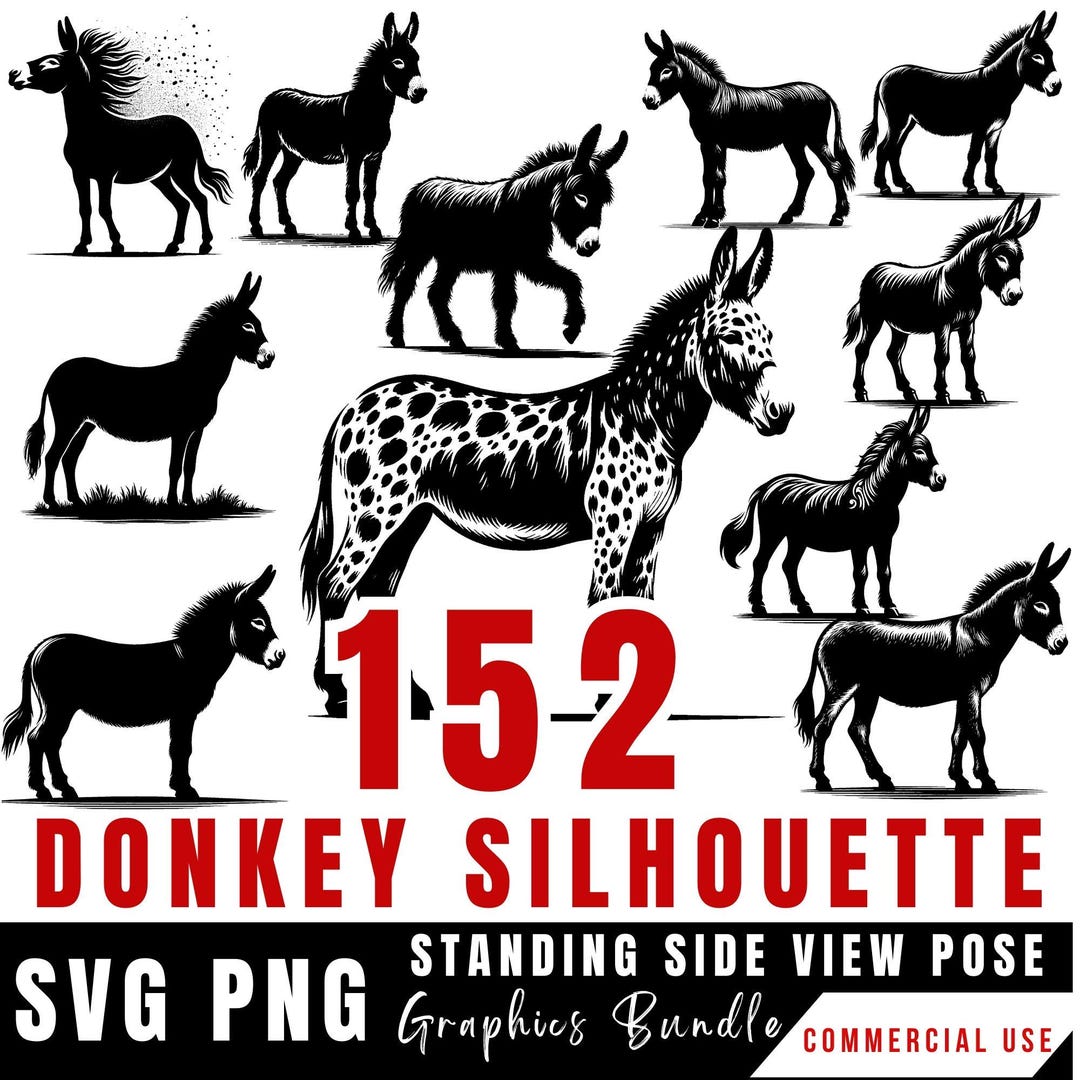 Donkey Silhouette Bundle SVG and PNG, Farm Animal Cut File for Cricut ...