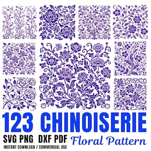 May include: A collection of 123 Chinoiserie floral patterns in shades of purple and white. The designs include various floral arrangements and decorative elements. The image also includes the text "123 CHINOISERIE" and file type options.