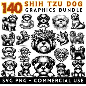 Pacchetto SVG di Shih Tzu Dog, PNG di cuccioli carini, Clipart di amanti dei cani, File di taglio di silhouette di Shih Tzu per Cricut, Decalcomania di cuccioli, Uso commerciale